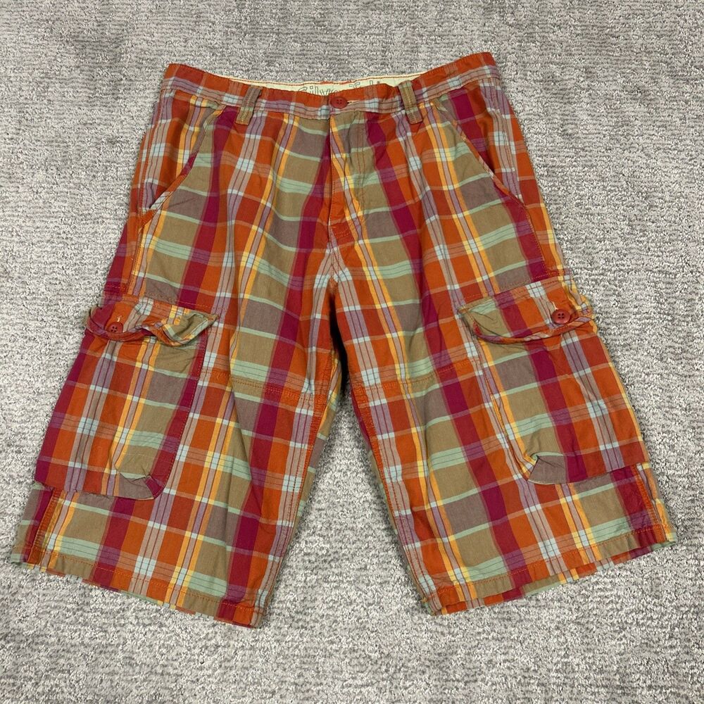 Levis SilverTab Cargo Shorts Mens 33 Orange Pink Plaid Cotton Pockets Summer